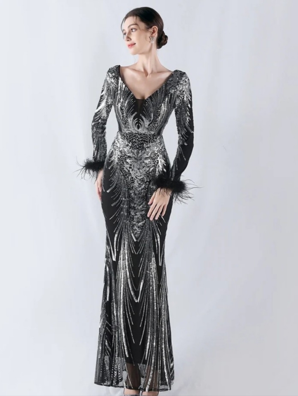 Glamorous Black and Silver Sequin Long Sleeve Dress With Ostrich Sleeves